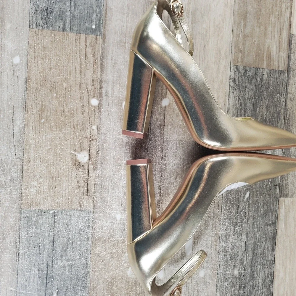 Nine West Plana 3 Womens Pumps Sz 6.5 M Metallic Gold Pointed Toe Ankle Strap